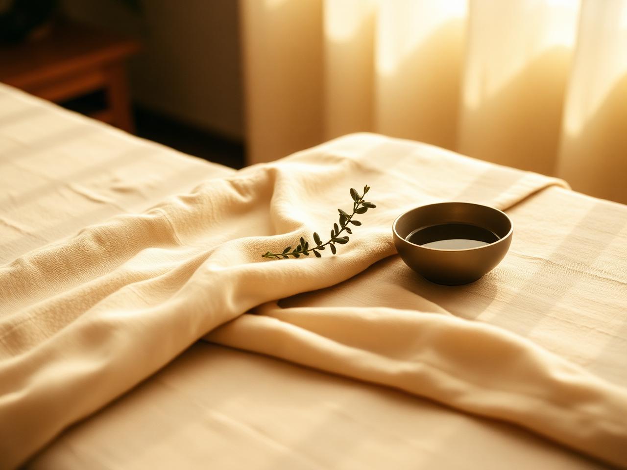Préparation d’un massage abdominal, linge et bol d’huile