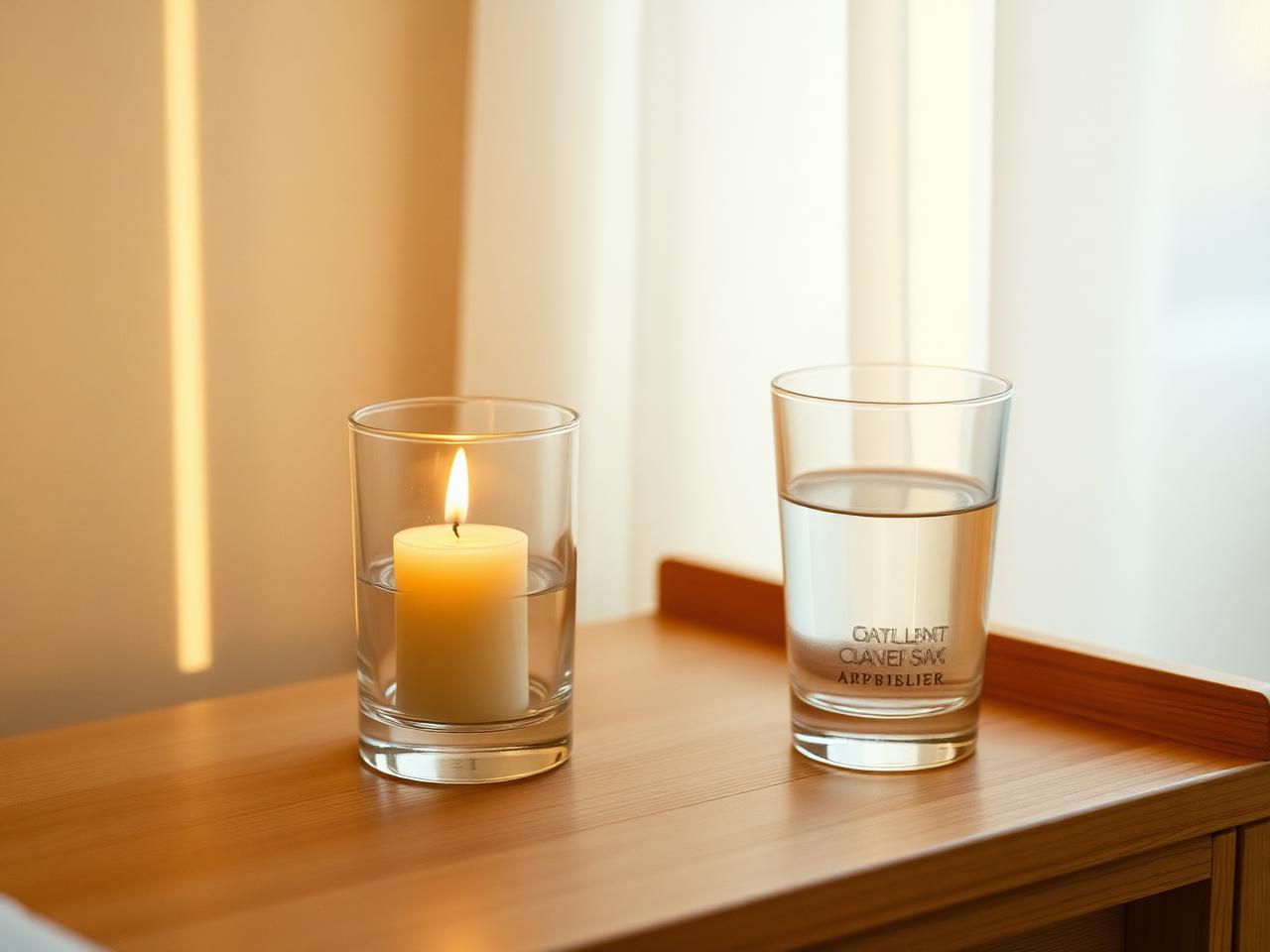 Bougie et verre d’eau, hydratation après le soin